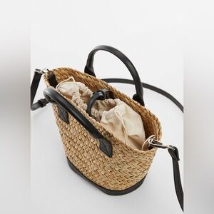 Mango Straw Mini Tote with Black Leather Handles and Cream Drawstring